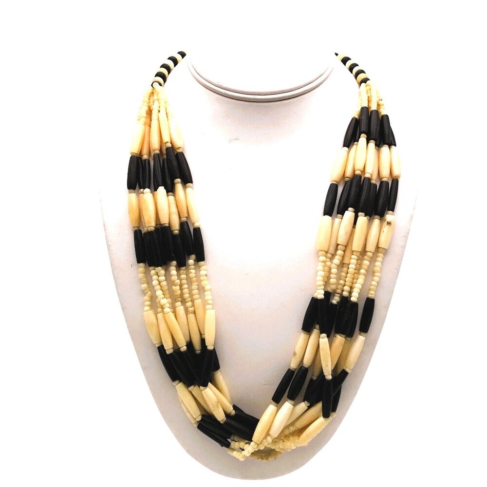 Cream and Black Beaded Necklace Primitive Tribal Ethnic Statement Multi Strand